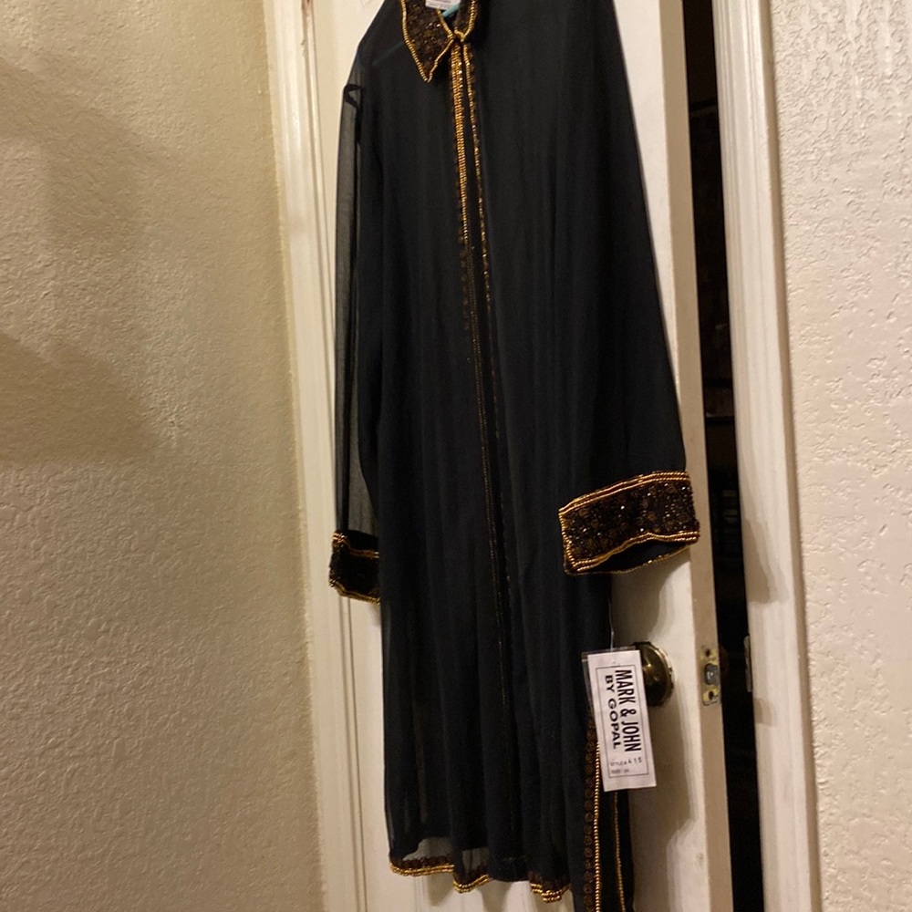 NWT Stunning sheer black and gold sheer duster. New w tags. Gold beading.